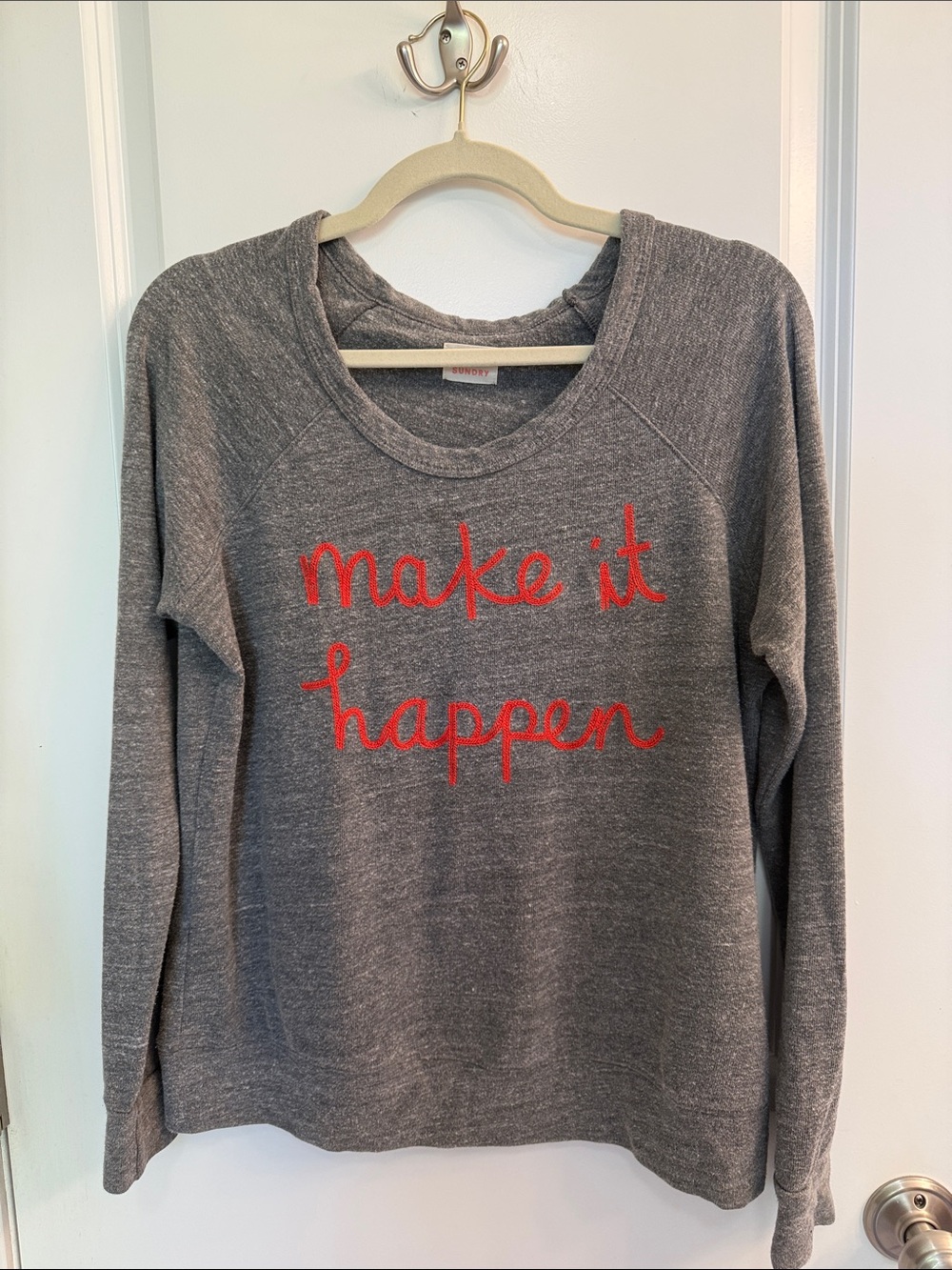 Sundry Gray Embroidered Lightweight Sweatshirt with Red 'make it happen' Script